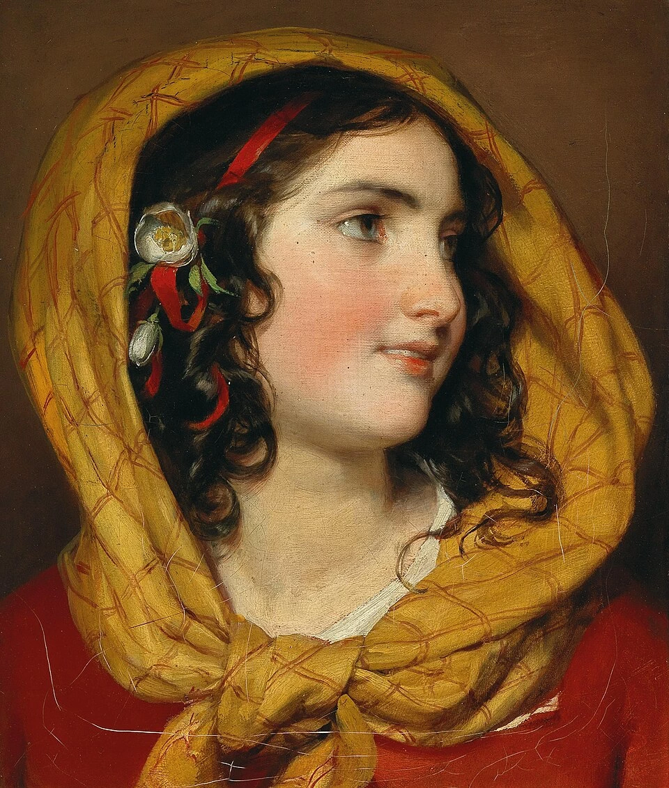 Ritratto di una ragazza con un cerchietto rosso e un foulard giallo